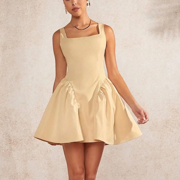 Dresses & Skirts - Luxurious cocktail mini dress- Butter yellow pastel Ruffle Hem Square Neck